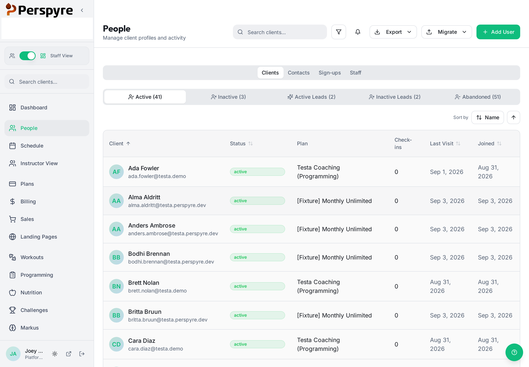 Billing dashboard with payment statuses and class capacity